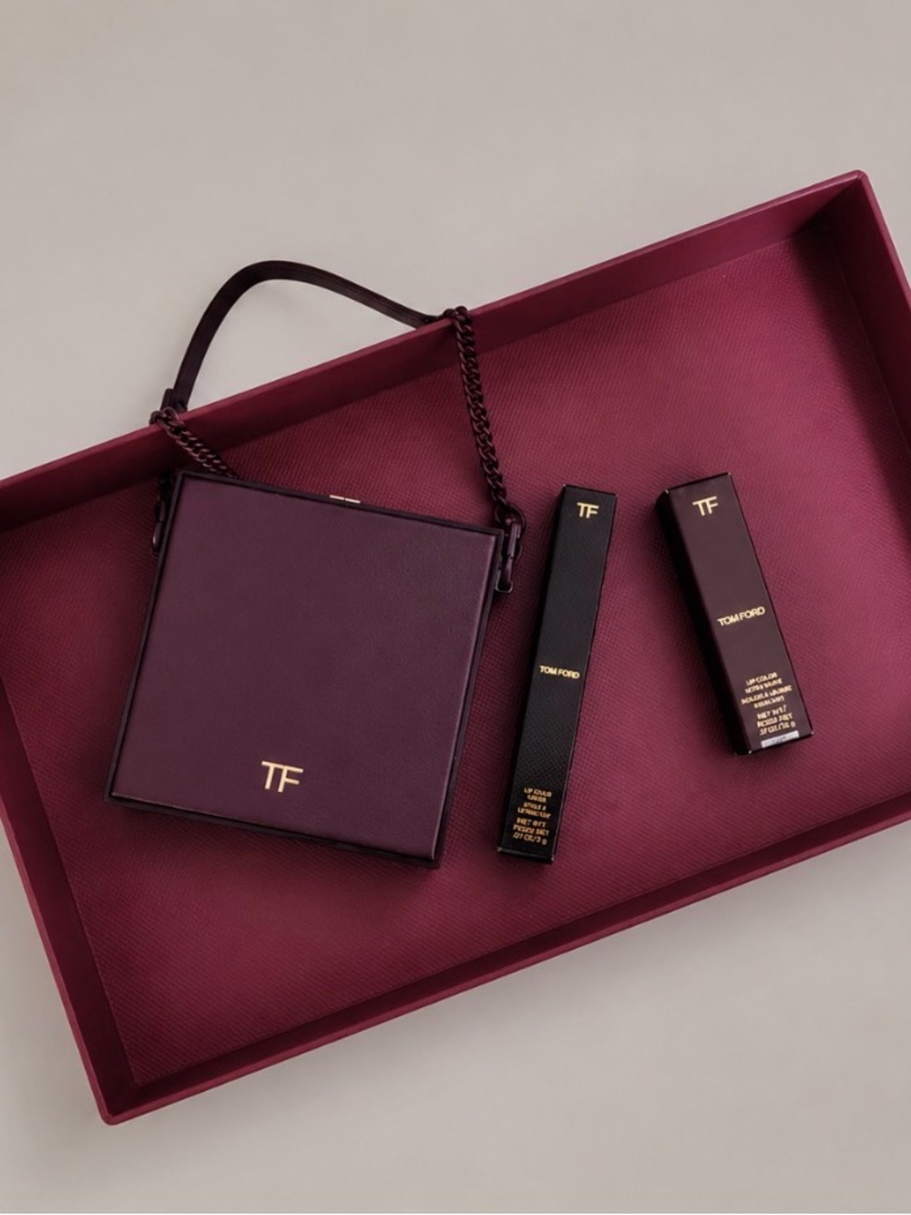 Tom Ford Beauty Limited Edition Burgundy Red Evening Bag Lipstick Chain Bag